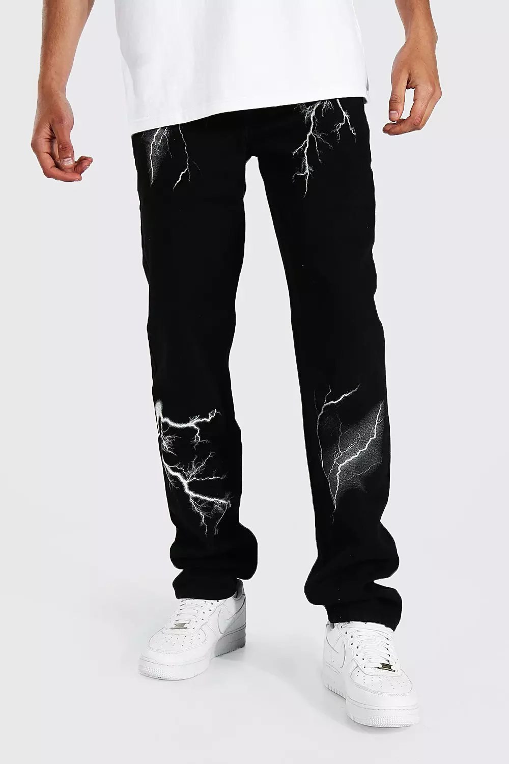 Tall Relaxed Fit Lightning Print Jeans boohooMAN